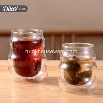 Стеклянная чашка для чая с двойными стенками с изогнутым дизайном